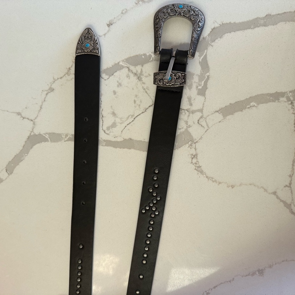 ASOS Black Western Leather Studded Belt with Silver Buckle Small